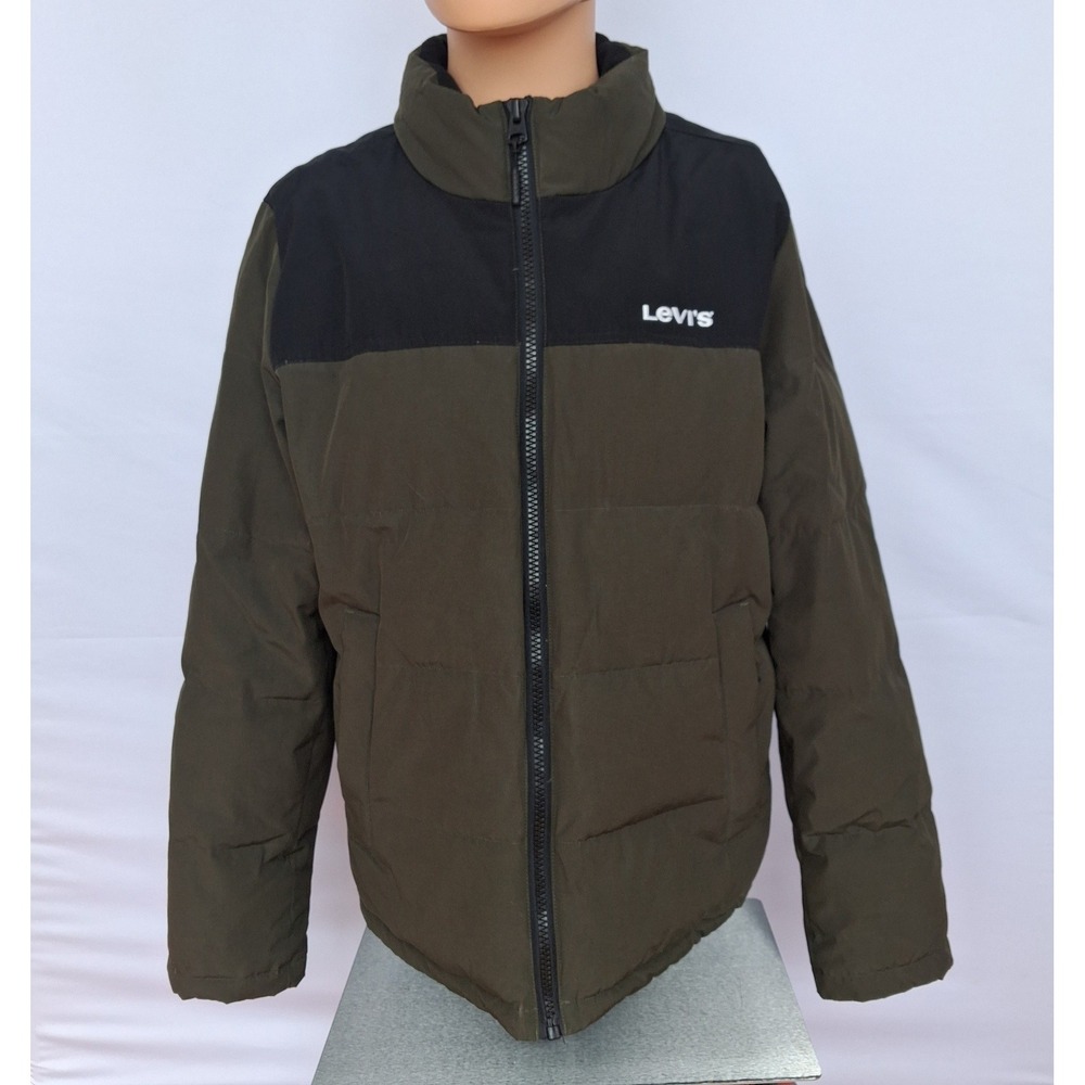 Levis Mens Two Tone Puffer Jacket Olive Green Black Quilted Full Zip Coat